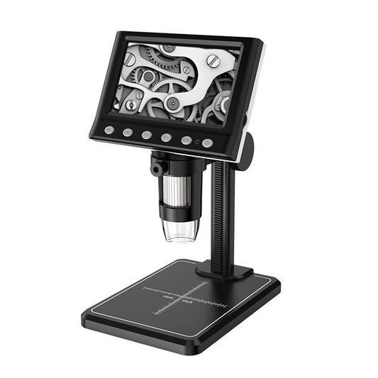 Präsentiertes schwarzes Digitalmikroskop mit angeschlossenem Bildschirm oben